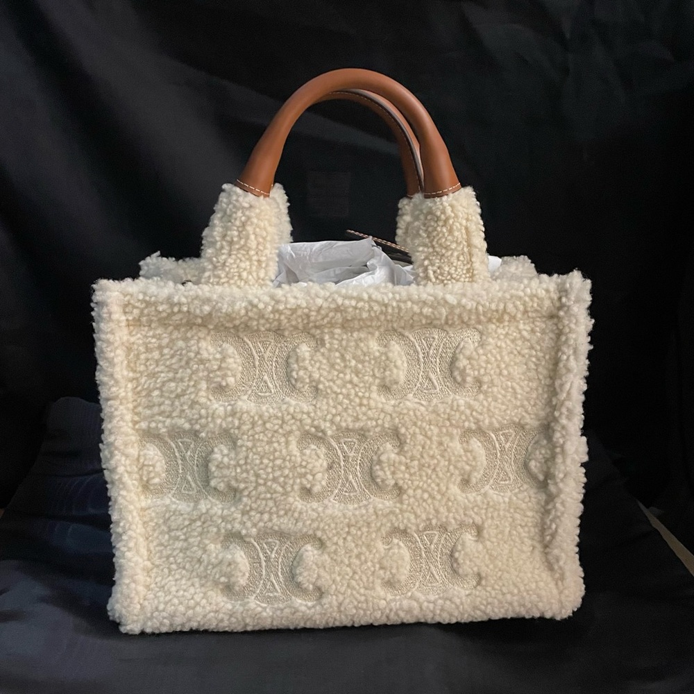 Celine Cabas Thais in Shearling with Triomphe Embroideries